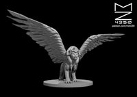 Grey resin digital render of a winged sphinx miniature by MZ4250 — lion body in a low, forward-crouching pose with wings spread wide, wearing a studded helmet and chest harness, mounted on a round base, 32mm scale