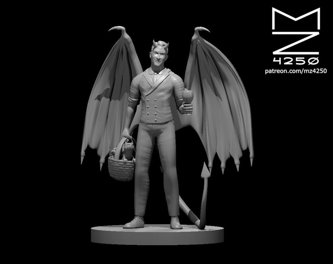 Grey resin digital render of an incubus miniature by MZ4250, depicted as a well-dressed male fiend in a double-breasted suit with large leathery wings spread wide, curved horns, a barbed tail, holding a goblet in one hand and a wicker basket containing a small cat in the other, standing on a flat round base at 32mm scale