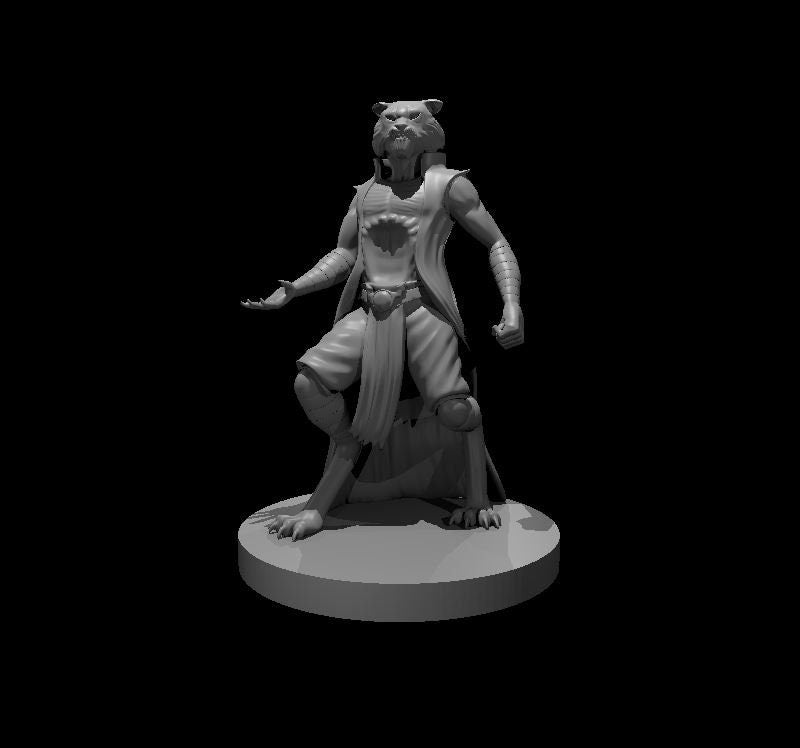 Digital render of an unpainted grey Rakshasa miniature at 32mm scale — a tiger-headed fiend in flowing robes with a sun-emblem chest piece and bracers, one clawed hand extended open and the other clenched, posed mid-stride on a flat round base