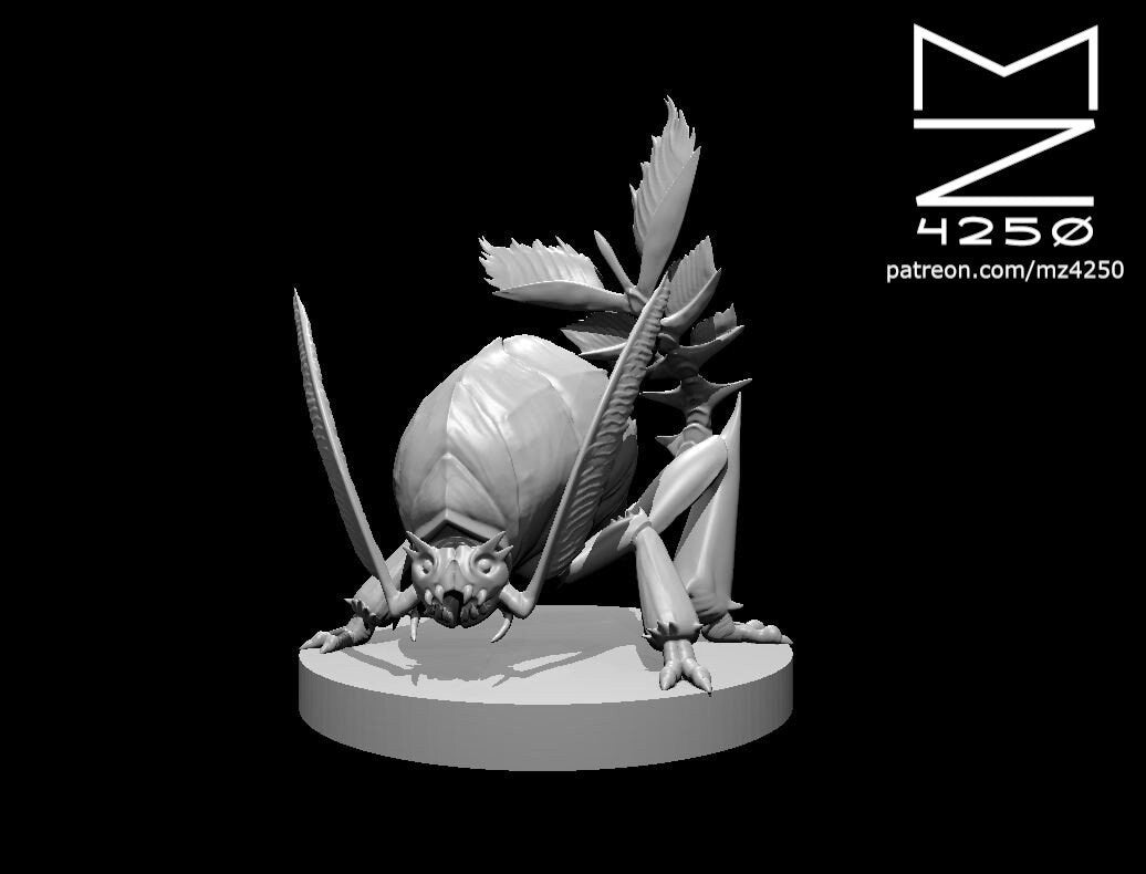Grey resin digital render of a Rust Monster miniature by MZ4250, shown unpainted on a round base. The creature is posed low and forward-facing with a large domed chitinous abdomen, six articulated legs with clawed feet, a pair of slashing mandibles extending from the front, and a cluster of feathered antennae fanning upward from the back. Fine detail is visible across the shell plating, leg joints, and facial features.