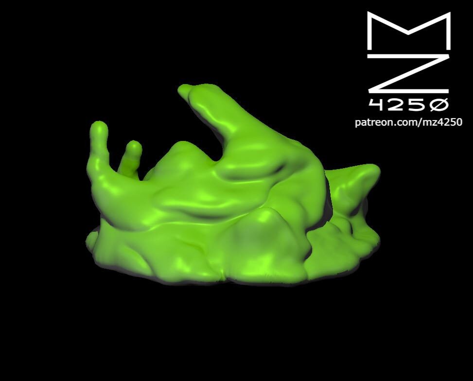 Digital render of an Ochre Jelly miniature sculpted by MZ4250 — a bright lime-green gelatinous ooze creature shown low to the ground, with amorphous limb-like protrusions reaching outward, viewed from a three-quarter angle against a black background