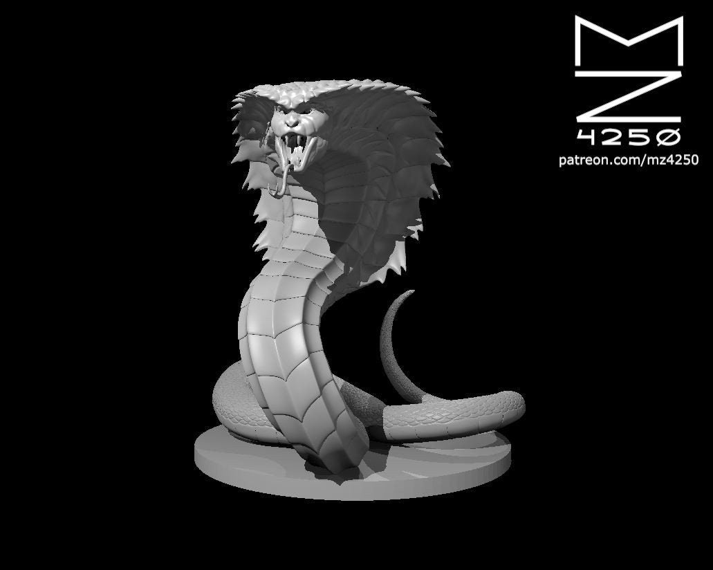 Grey resin digital render of a Naga miniature by MZ4250 — a large rearing cobra with a fully flared spined hood, wide open fanged jaws, forked tongue extended, and a tightly coiled scaled body on a round base, shown unpainted