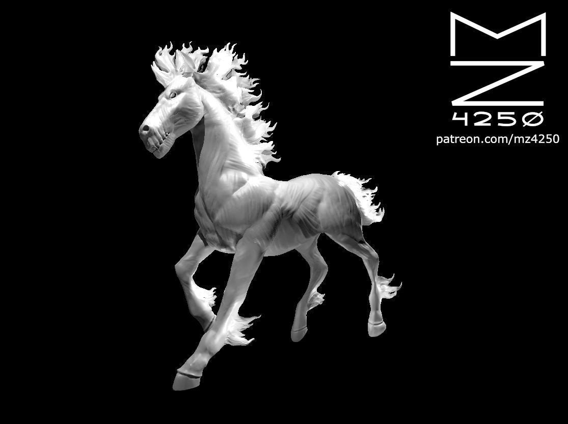 Digital render of an unpainted Nightmare miniature by MZ4250 — a fiendish horse in full gallop with a flaming mane and tail, hollow dark eyes, and sinew-stretched musculature, shown in grey against a black background