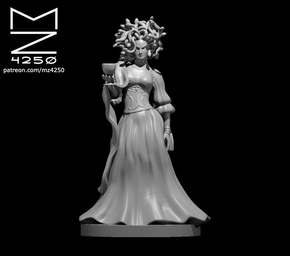 Grey resin digital render of the Medusa Fancy miniature by MZ4250 — a female figure in a flowing gown and fitted corset, holding a chalice in one raised hand, with a crown of writhing snakes atop her head, mounted on a plain oval base, 32mm scale