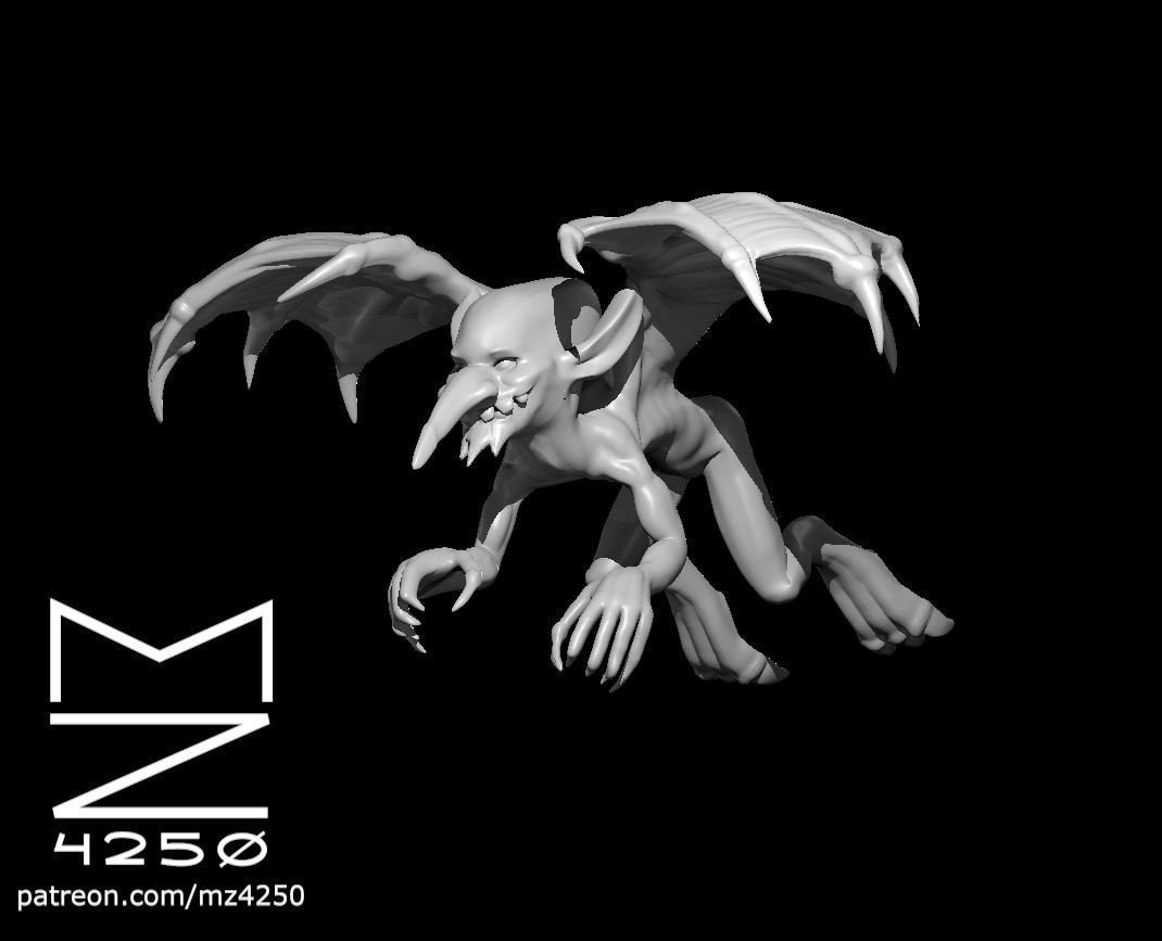 Digital render of an unpainted grey Mephit miniature at 32mm scale, shown in a low crouching dive pose with wings fully spread, elongated bone-spur wing fingers, clawed hands reaching forward, webbed feet splayed behind, and a snarling beaked face with fang-lined jaws — MZ4250 studio watermark visible in the lower left corner