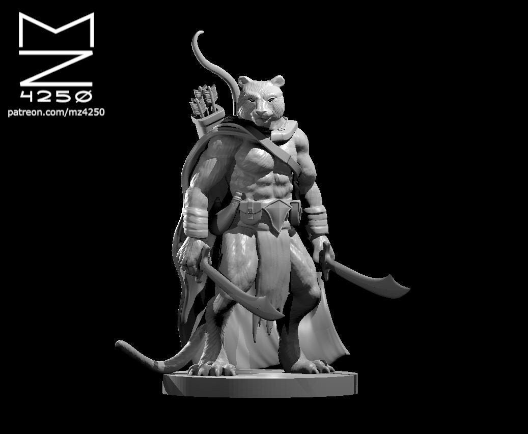Digital render of an unpainted grey wereboar miniature by MZ4250, shown in a standing pose with a recurve bow and quiver of arrows on his back, a curved blade in one hand and a second weapon at his side, wearing a flowing cloak and leather armour strapping, mounted on a flat rectangular base, 32mm scale