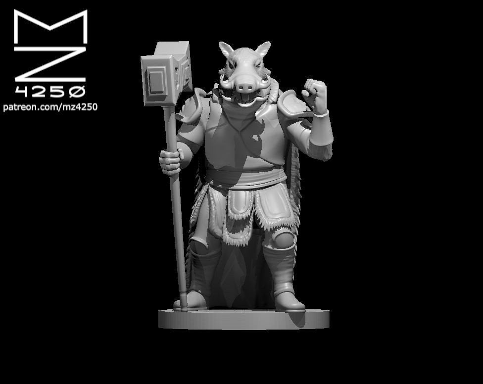 Unpainted grey resin render of a wereboar miniature in hybrid form, holding a long-hafted warhammer and raising one fist, wearing belt armour and boots, on a flat round base — 32mm scale D&D miniature by MZ4250
