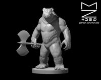 Grey resin digital render of a werebear miniature standing upright on a round base, gripping a large double-headed axe in one clawed hand, with dense fur texture across a powerful frame and a bandolier strap crossing the chest — sculpted by MZ4250 at 32mm scale