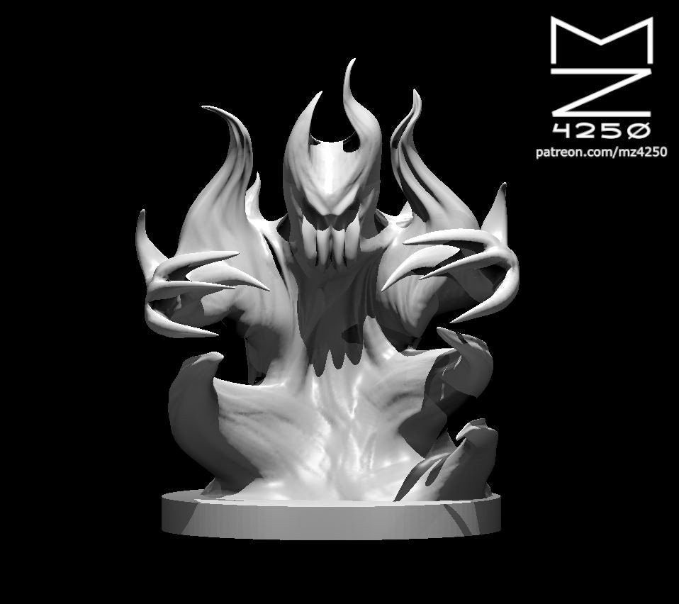 Digital render of an Invisible Stalker miniature by MZ4250 — an unpainted grey resin sculpt showing a horned, skull-faced void creature with splayed clawed hands and a swirling smoky body, erupting from a sculpted rocky base, at 32mm scale