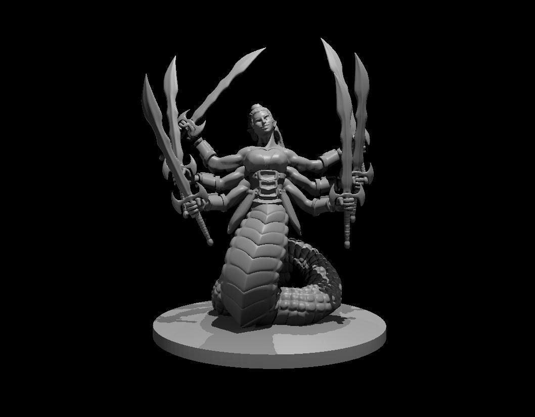 Grey resin render of a Marilith miniature at 32mm scale — a female-torso serpentine demon with six arms each wielding a curved sword, blades fanned in a wide arc above her, coiled scaled lower body resting on a round base