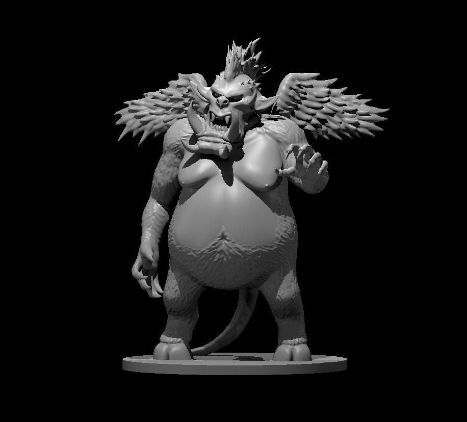 Unpainted grey resin render of a Nalfeshnee demon miniature — a hulking winged creature with a boar-like tusked face, feathered wings spread wide, one clawed hand raised, fur-covered body, hooved feet, and a spiked crown of horns on its head, mounted on a round base at 32mm scale