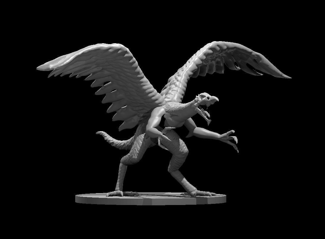 Unpainted grey resin digital render of a Vrock demon miniature by MZ4250 — a large winged vulture-demon in a lunging pose with wings fully spread, skeletal beak open in a shriek, one taloned foot raised, mounted on an oval base at 32mm scale