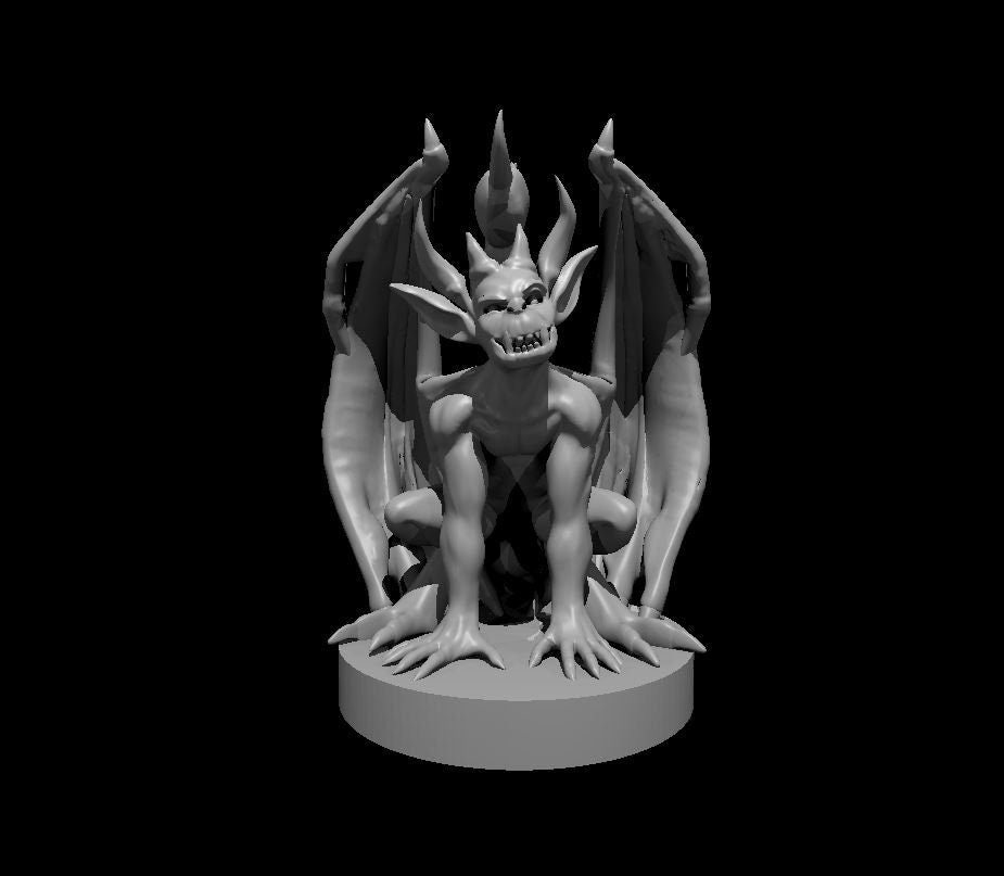 Grey resin digital render of an Imp miniature by MZ4250 — a small winged fiend crouching on a round base with bat wings spread wide, twin horns, large pointed ears, clawed feet, and a fanged grin