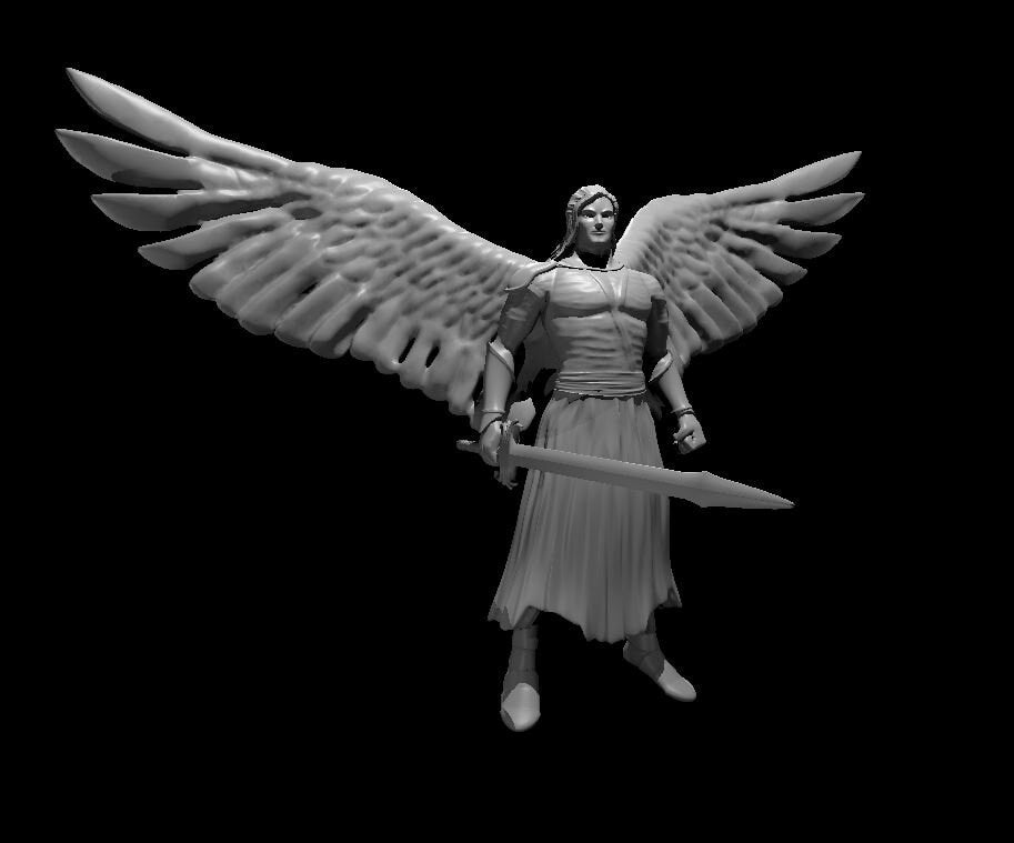 Digital render of an unpainted Solar Angel miniature at 32mm scale — winged celestial figure in robes and shoulder armour, holding a broad sword at the ready with large feathered wings spread wide, facing forward with a composed expression
