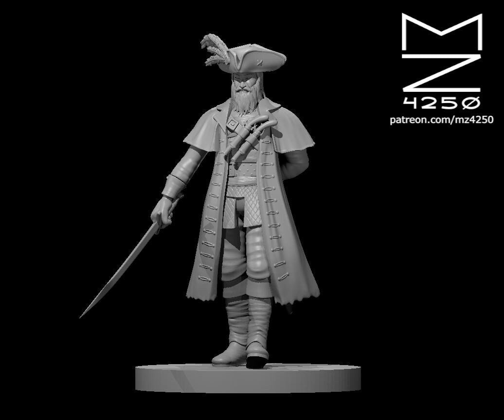 Unpainted grey resin digital render of a male pirate captain miniature at 32mm scale, wearing a feathered tricorn hat, long buttoned coat with shoulder cape, knee-high boots, and carrying a drawn rapier in one hand with a pistol tucked into his coat, standing on a plain round base