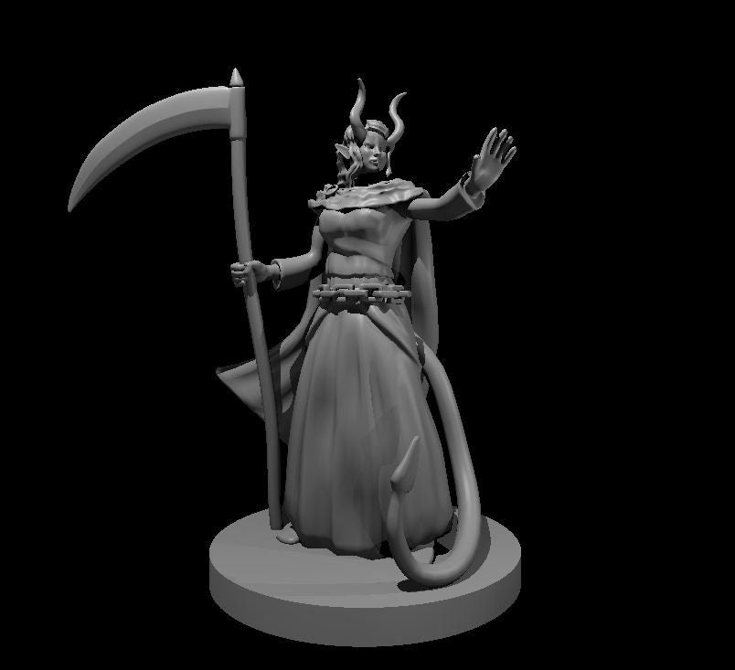 Grey resin digital render of a female tiefling cleric miniature at 32mm scale — she wears flowing robes with a chain-link belt, holds a full-length scythe in her left hand, raises her right hand mid-cast, and has curved horns, pointed ears, and a coiling tail at her feet, mounted on a round base