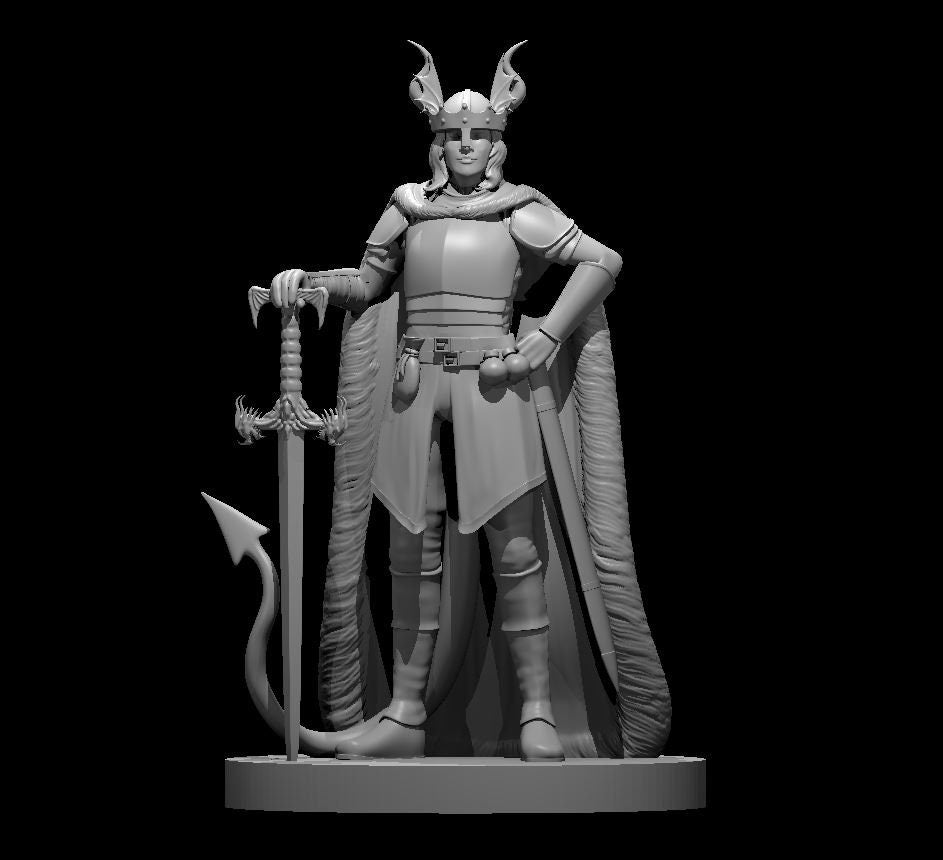 Grey resin digital render of a Tiefling Fighter miniature at 32mm scale, standing in a confident pose with a demonic barbed sword resting point-down beside her, wearing a horned helmet, fur-trimmed cloak, and plate armour, with a devil's tail curling at her side