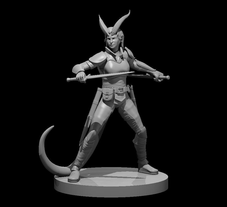 Grey resin digital render of a female tiefling ranger miniature at 32mm scale — wide combat stance, dual swords drawn and held low, swept-back horns, curved tail, leather and plate armour with utility pouches, round base