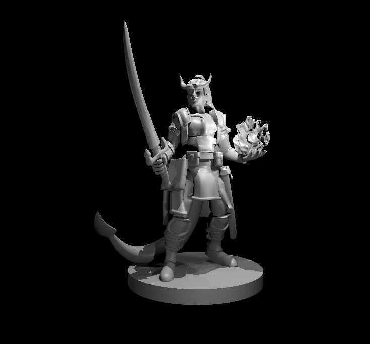 Unpainted grey resin digital render of a female tiefling warlock miniature at 32mm scale, posed with a longsword raised in her right hand and eldritch flames conjured in her left, wearing segmented plate armour with a horned helm, a curved tail sweeping behind her, mounted on a round base
