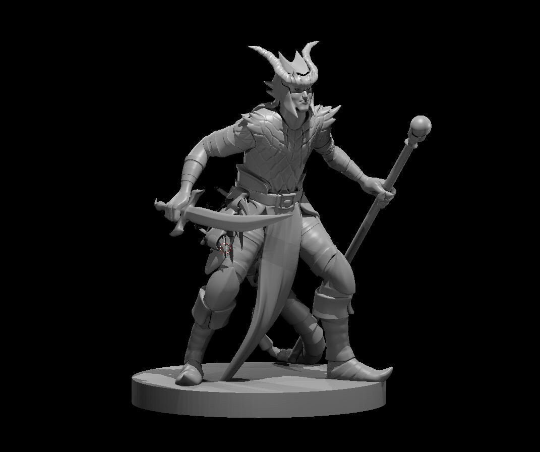 Grey unpainted resin render of a male tiefling warlock miniature at 32mm scale, posed mid-stride with a curved sword in his right hand and an orb-topped staff raised in his left, wearing layered leather and scale armour with a split tabard, horned head, and greaved boots, mounted on a round base