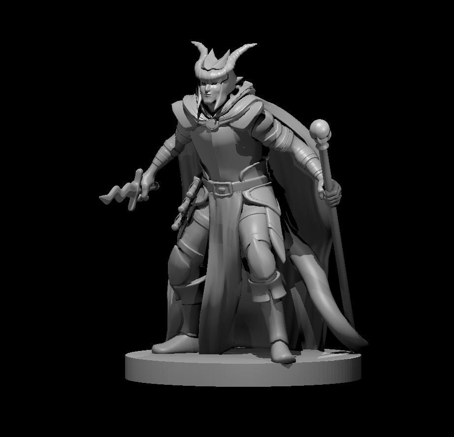 Grey resin render of a male tiefling warlock miniature at 32mm scale, posed mid-stride with one hand raised and fingers splayed as if casting, the other gripping an orb-topped staff. He wears a swept-back cloak, light armour with robes beneath, and a belted coat. Short curved horns and pointed features mark his infernal heritage. Mounted on a plain round base.