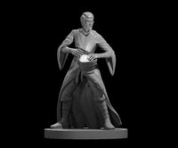 Grey resin render of a Human Male Wizard Diviner miniature at 32mm scale — a robed male figure leaning forward with both hands cradling a glowing crystal orb, wearing wide-sleeved academic robes, knee-high boots, and displaying subtle facial markings, mounted on a round flat base