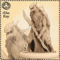 Unpainted grey resin render of a dragonborn fighter miniature at 32mm scale, shown in two poses on a parchment-style card — foreground pose stands upright gripping a glaive with one hand raised near the jaw in a threatening gesture, wearing a sash and bandolier; background pose shows the same warrior crouched low with glaive braced, sculpted by Mia Kay M3DM