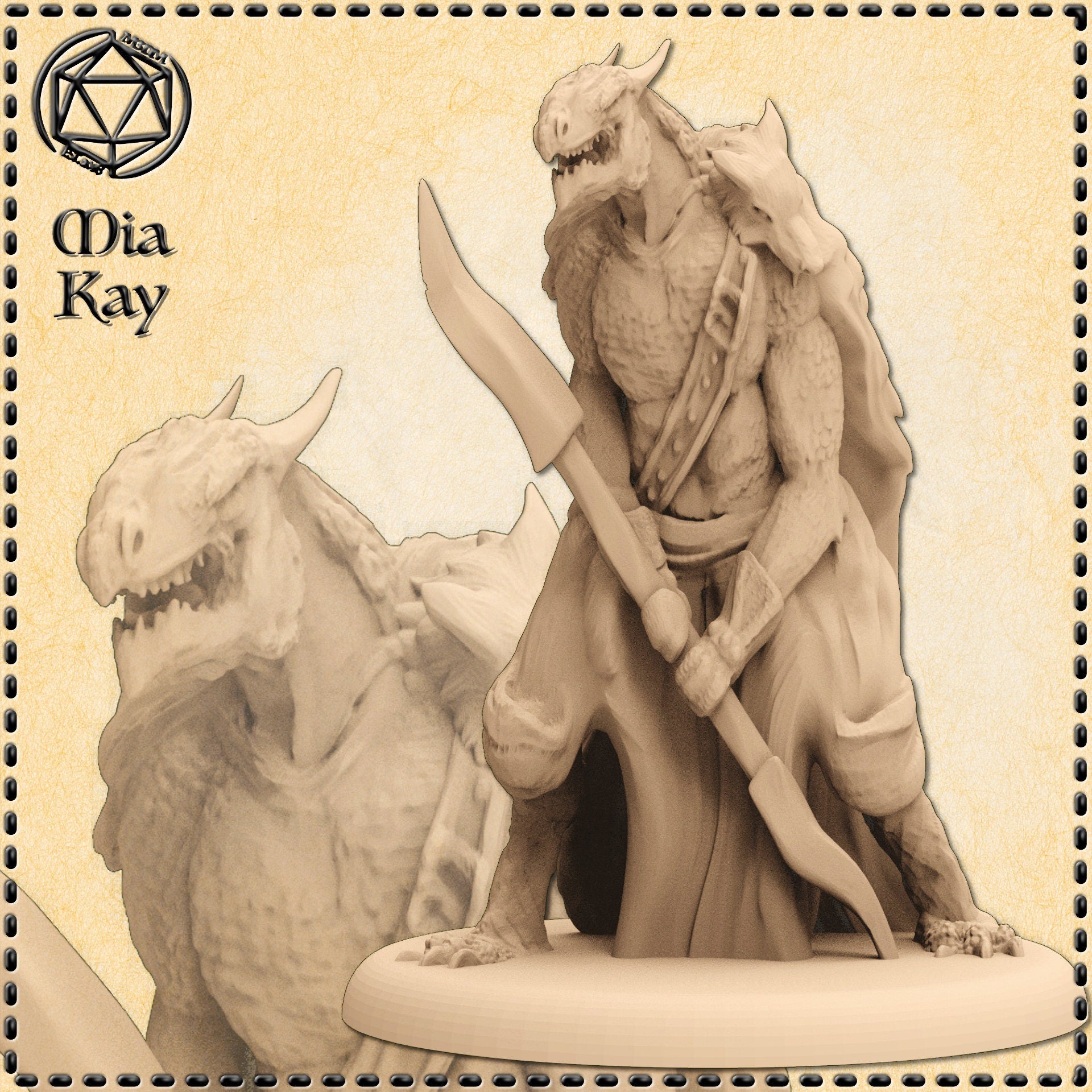Unpainted grey resin render of a dragonborn fighter miniature at 32mm scale, shown in two poses on a parchment-style card — foreground pose stands upright gripping a glaive with one hand raised near the jaw in a threatening gesture, wearing a sash and bandolier; background pose shows the same warrior crouched low with glaive braced, sculpted by Mia Kay M3DM