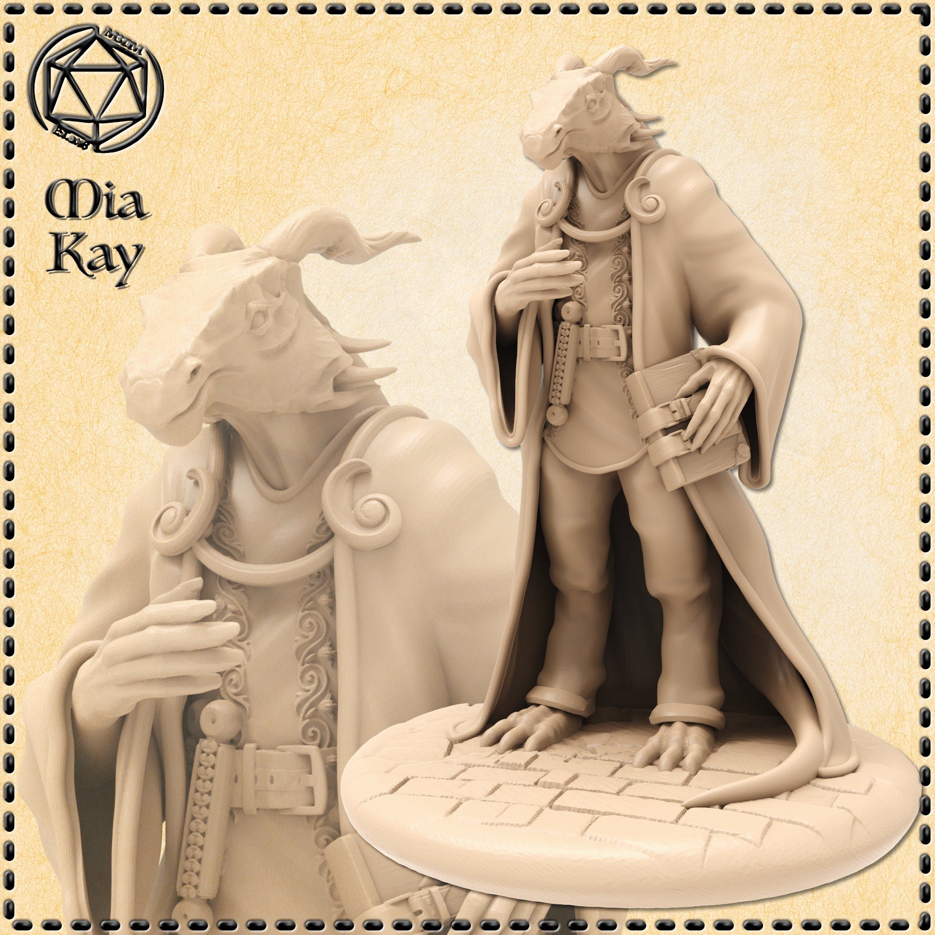 Unpainted beige resin render of a dragonborn scholar miniature by Mia Kay M3DM, shown from two angles — a full-body view of the figure standing in a long travelling coat with a satchel at the hip and one hand raised to the chin in a thoughtful pose, standing on a detailed cobblestone base, alongside a close-up of the horned draconic head and embroidered chest piece. 32mm scale tabletop miniature.