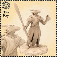 Unpainted resin render of a female Dragonborn Sorcerer miniature at 32mm scale, posed with a tall spear in one hand and a coil of arcane magical energy in the other, wearing loose robes and braided rope wrappings, with horns and scaled features, mounted on a rocky base — sculpted by Mia Kay M3DM
