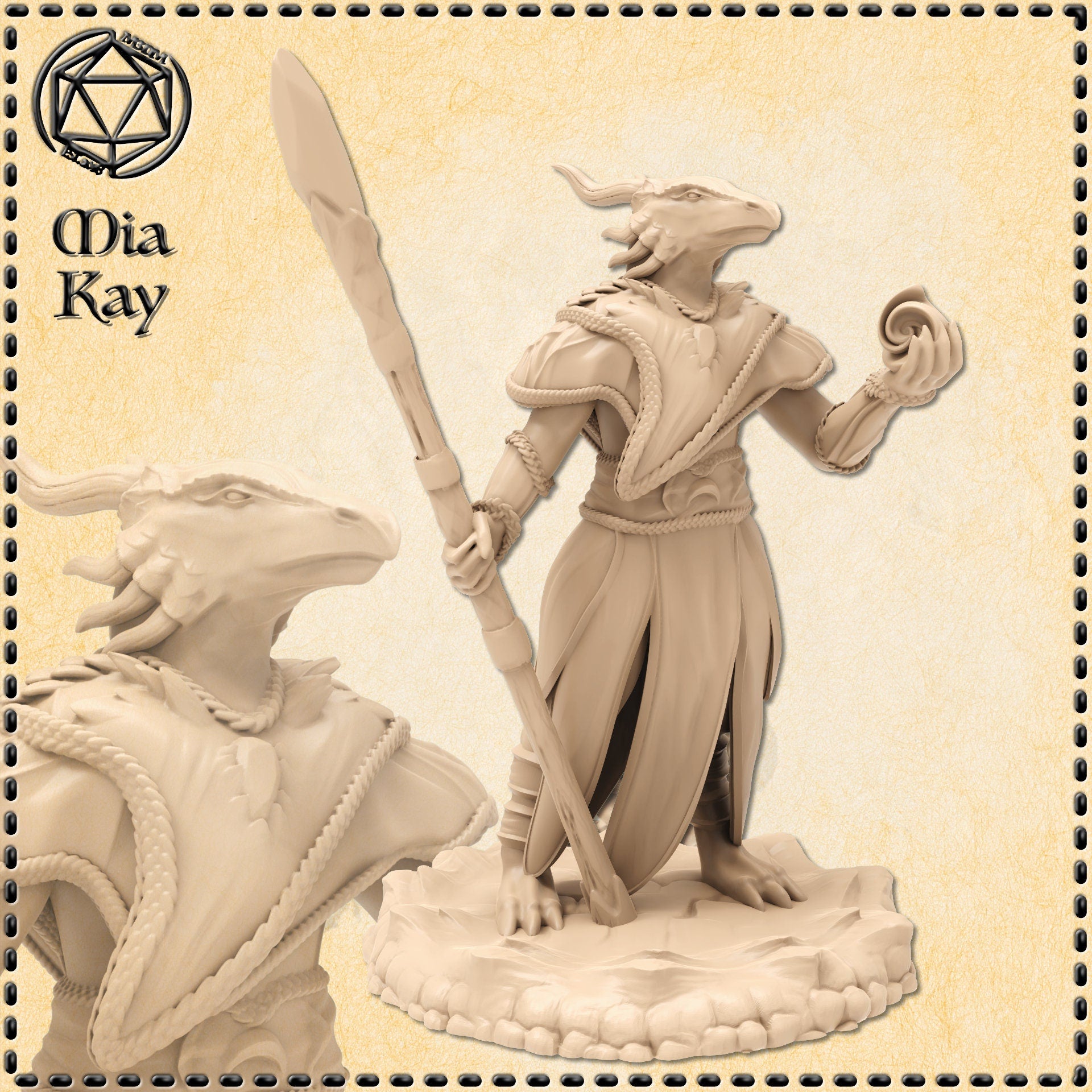 Unpainted resin render of a female Dragonborn Sorcerer miniature at 32mm scale, posed with a tall spear in one hand and a coil of arcane magical energy in the other, wearing loose robes and braided rope wrappings, with horns and scaled features, mounted on a rocky base — sculpted by Mia Kay M3DM