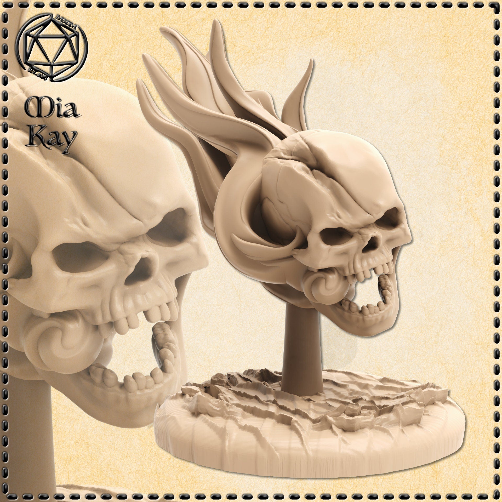 Digital render of an unpainted Flameskull miniature by Mia Kay M3DM, showing a snarling skull with swept-back flame crests and a prominent fang, mounted on a textured broken-stone base at 32mm scale — two angles displayed side by side