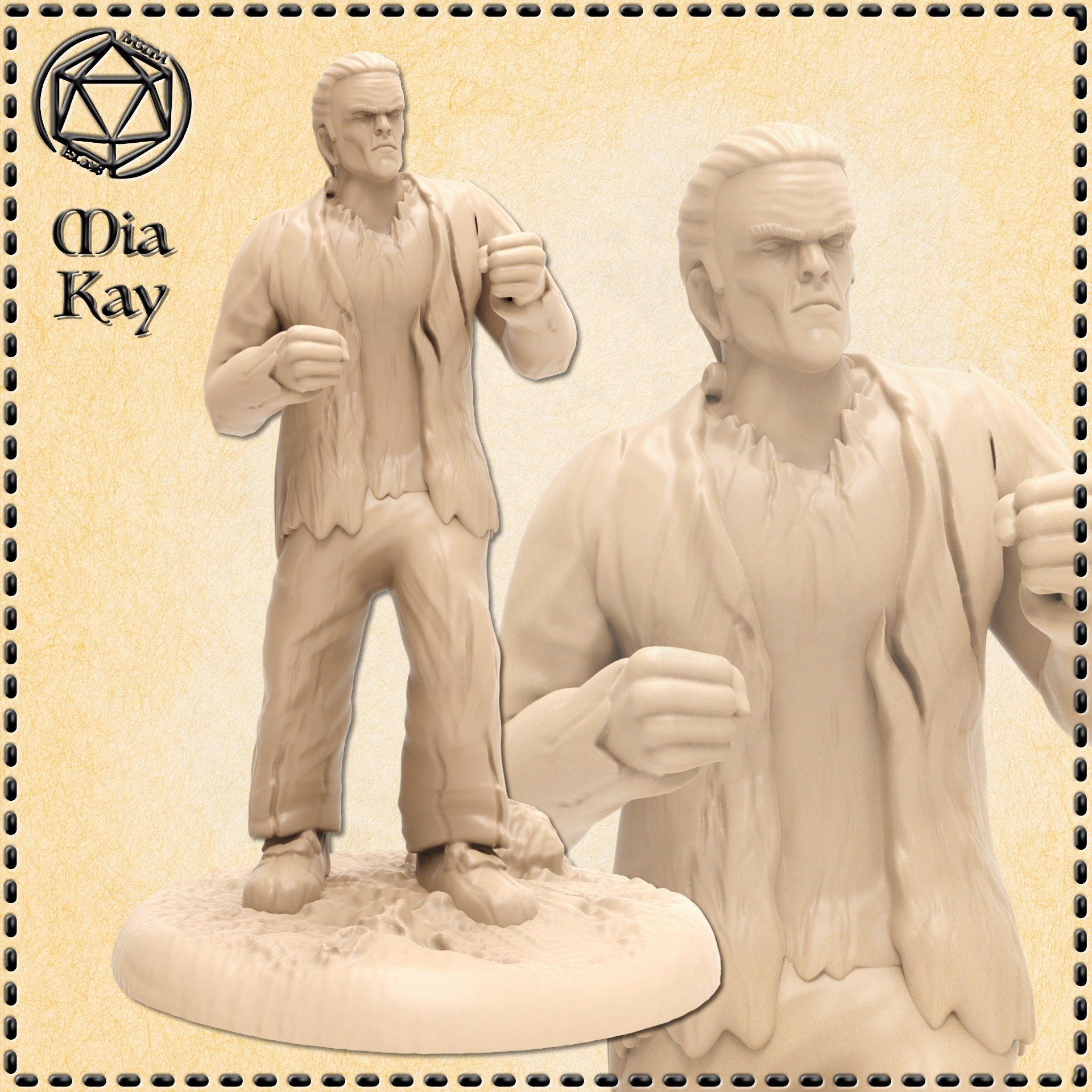 Unpainted cream resin render of Frankenstein's Monster miniature by Mia Kay M3DM, shown at 32mm scale — a large male figure in a brawler's stance with fists raised, wearing a torn open coat and ragged trousers, with a scowling expression and slicked-back hair, mounted on a textured round base. A close-up detail view shows the face and upper body clearly.