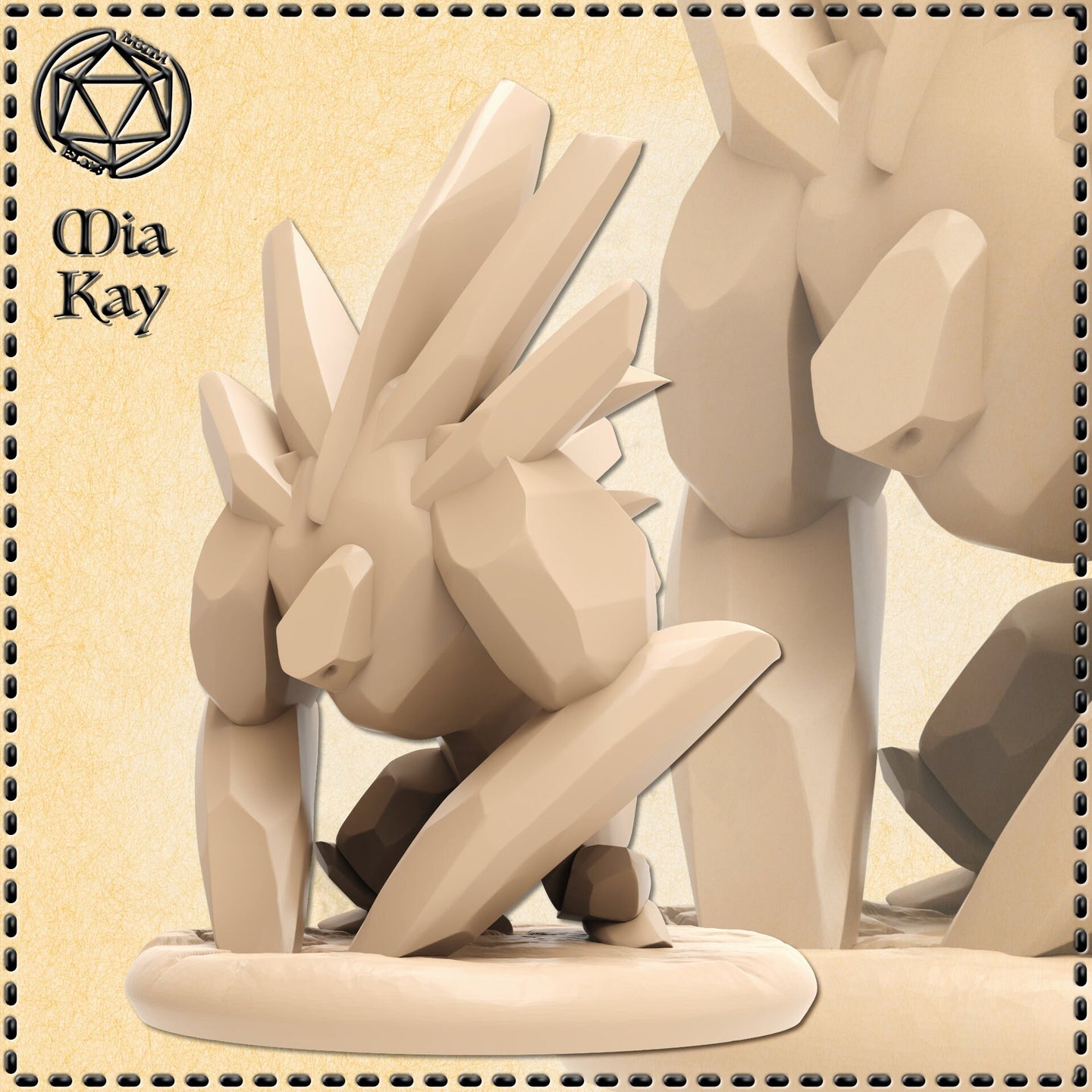 Digital render of an unpainted ice elemental miniature in a low-poly faceted style, crouching low with jagged crystal shards erupting from its back and shoulders, mounted on an oval base — sculpted by Mia Kay M3DM at 32mm scale