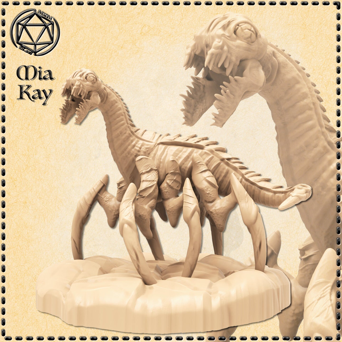 Digital render of an unpainted resin insectoid miniature by Mia Kay M3DM, showing a creature with a long ridged serpentine neck, gaping toothed jaws, dorsal spines, and a body supported by thick splayed spider-like legs on a rocky base — 32mm tabletop scale, shown in two sizes side by side