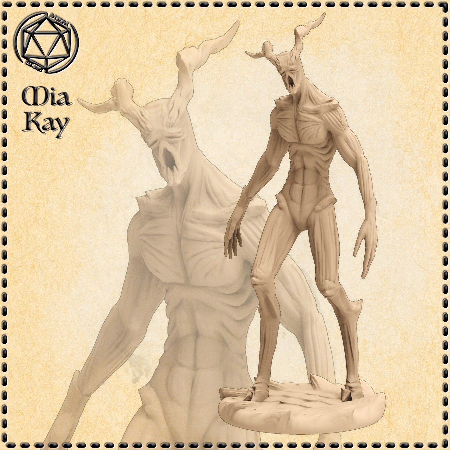 Unpainted 32mm resin Nightwalker miniature — a gaunt, horned undead figure with exposed musculature, long clawed fingers, and a hollow featureless face, shown in a slow predatory stance on a sculpted base. Two views shown: front-facing and a ghosted secondary pose. Digital render by Mia Kay M3DM.