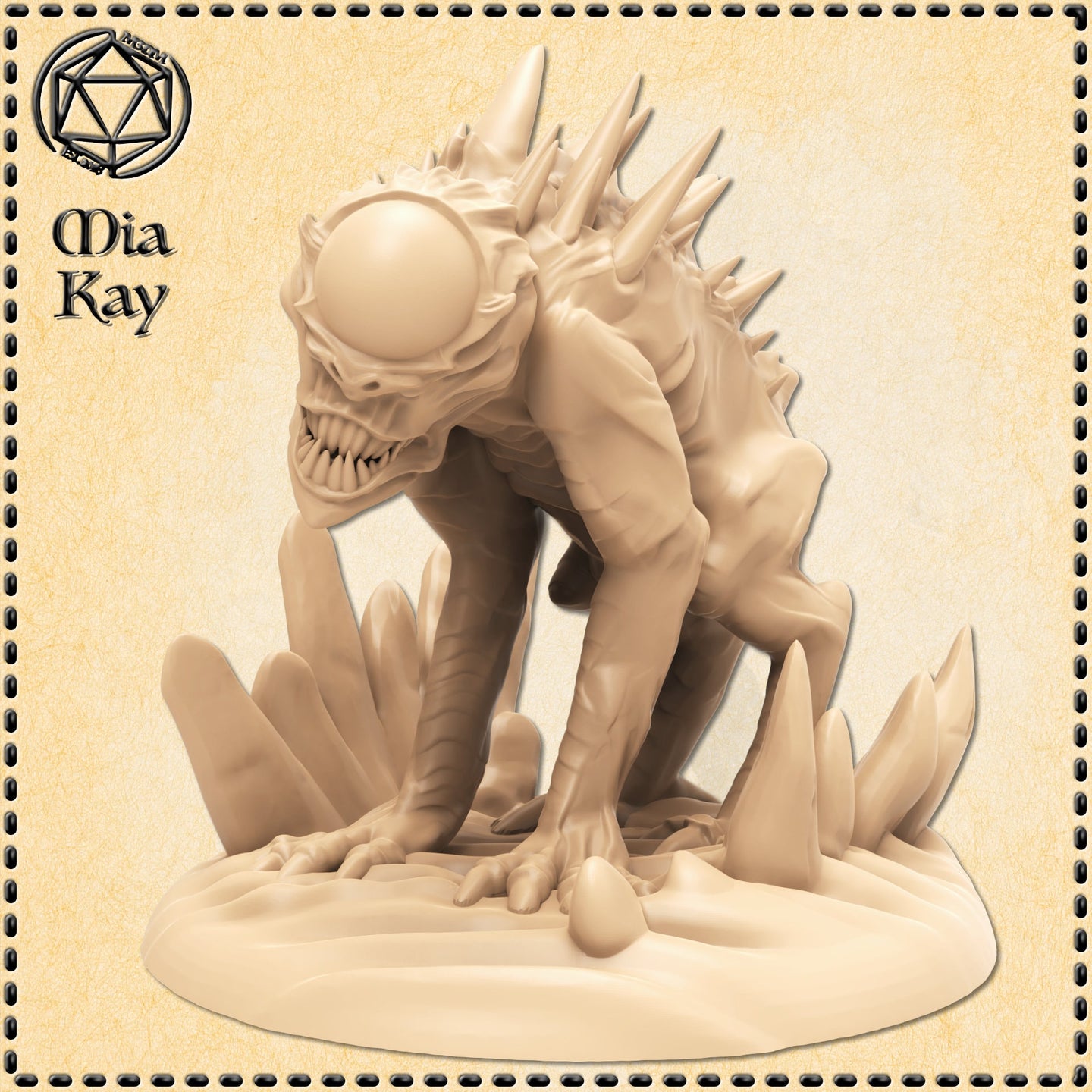 Digital render of an unpainted Nothic miniature at 32mm scale, sculpted by Mia Kay M3DM. The creature crouches low on a scenic base scattered with jagged crystal formations, its single large eye dominating a skull lined with sharp teeth. A ridge of spines runs across its back and shoulders, and long clawed hands splay against the base. Sandy resin coloured render on a parchment-style promotional background.