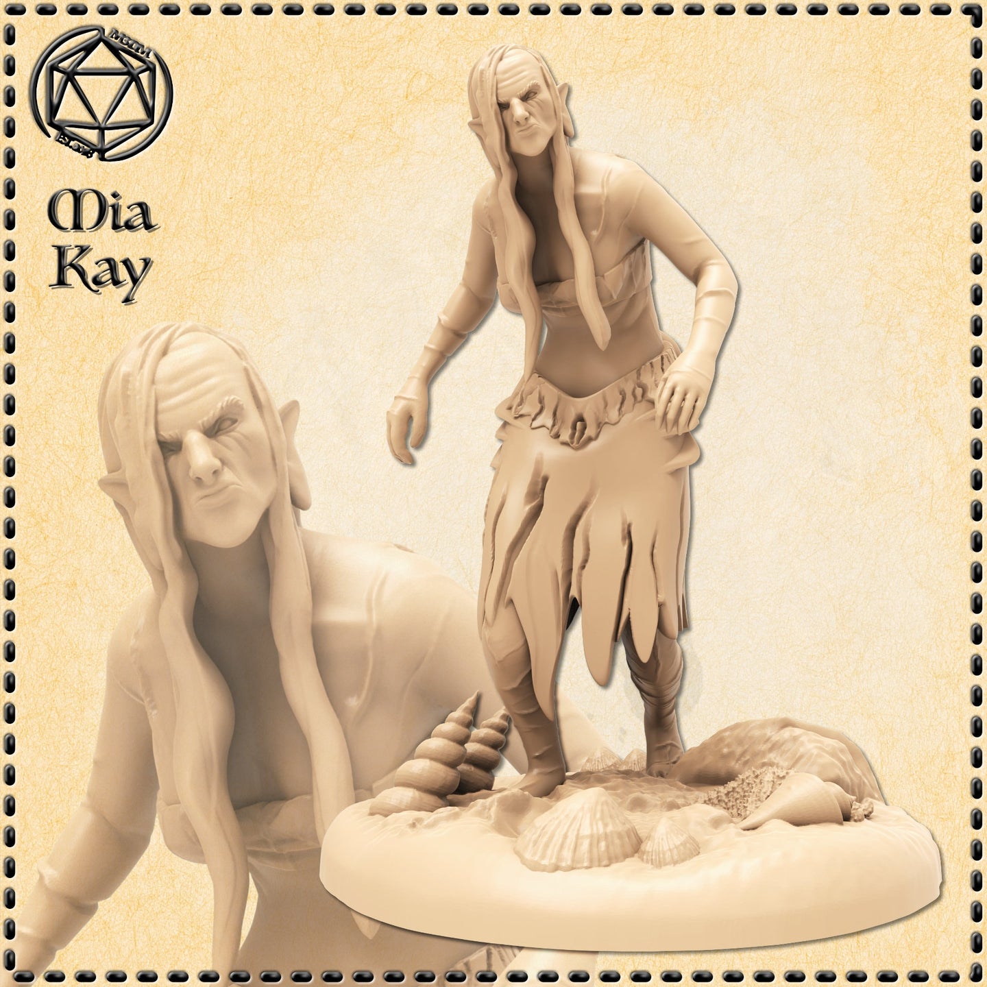 Unpainted resin render of a Sea Hag miniature by Mia Kay M3DM — a gaunt pointy-eared female figure with long lank hair, wearing a ragged kelp skirt, leaning forward with a menacing expression, standing on a sandy base scattered with seashells. Close-up detail of her sharp facial expression also shown.