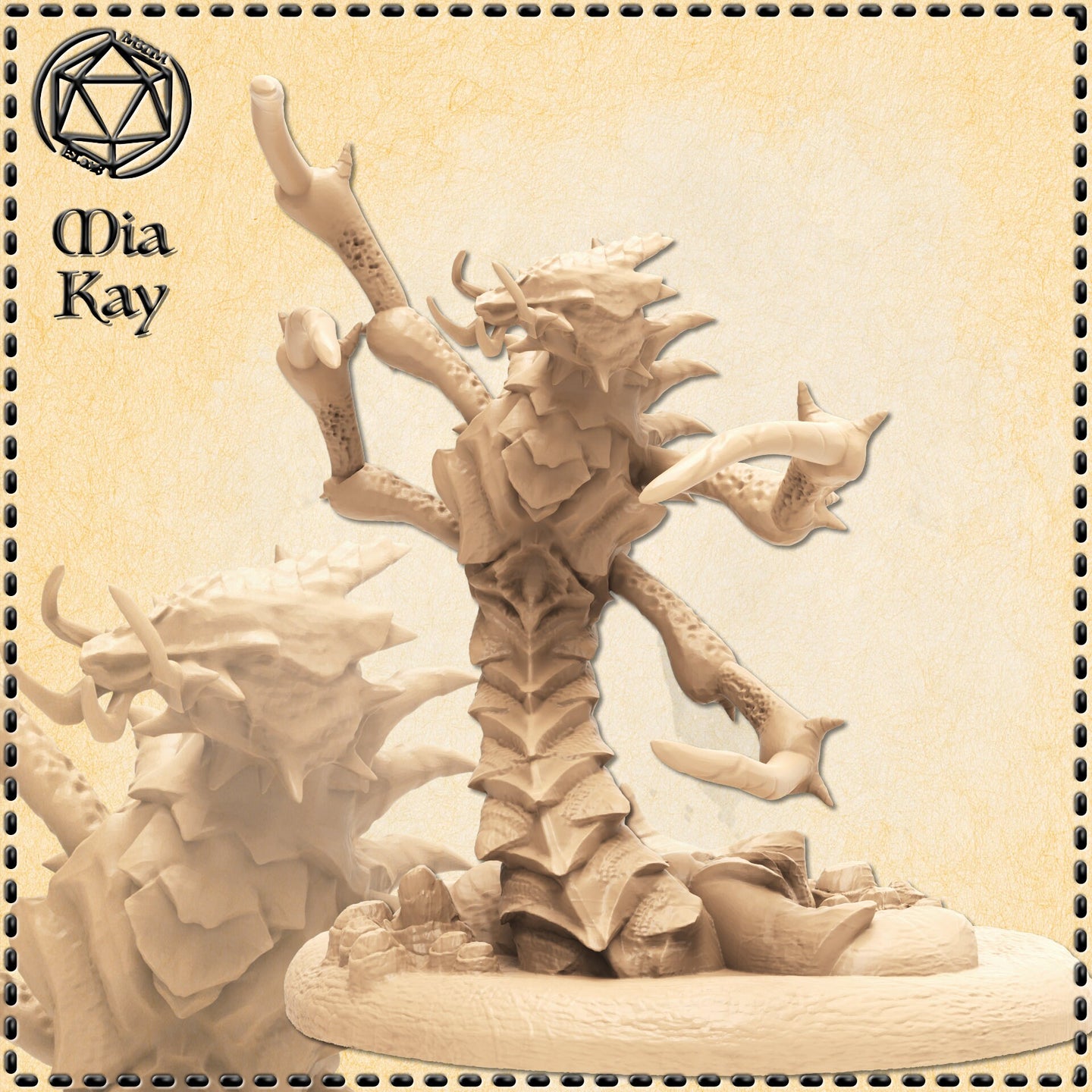 Digital render of Sliver, an unpainted resin lizardfolk creature miniature by Mia Kay M3DM. The figure has multiple spined limbs, a crested fanged head, and raises a gnarled bone staff in one clawed hand. The dynamic pose shows the creature mid-lunge, mounted on a rocky rubble base. A second angle of the same miniature is visible in the background to the left.