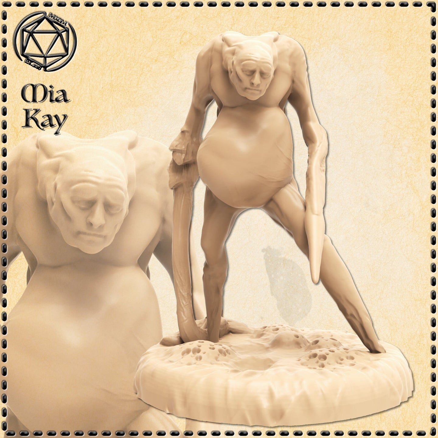 Unpainted resin digital render of a Sorrowsworn miniature by Mia Kay M3DM — a hunched, elongated humanoid creature with a distended abdomen, spindly limbs, and a downward gaze, posed leaning forward over a textured rocky base at 32mm scale