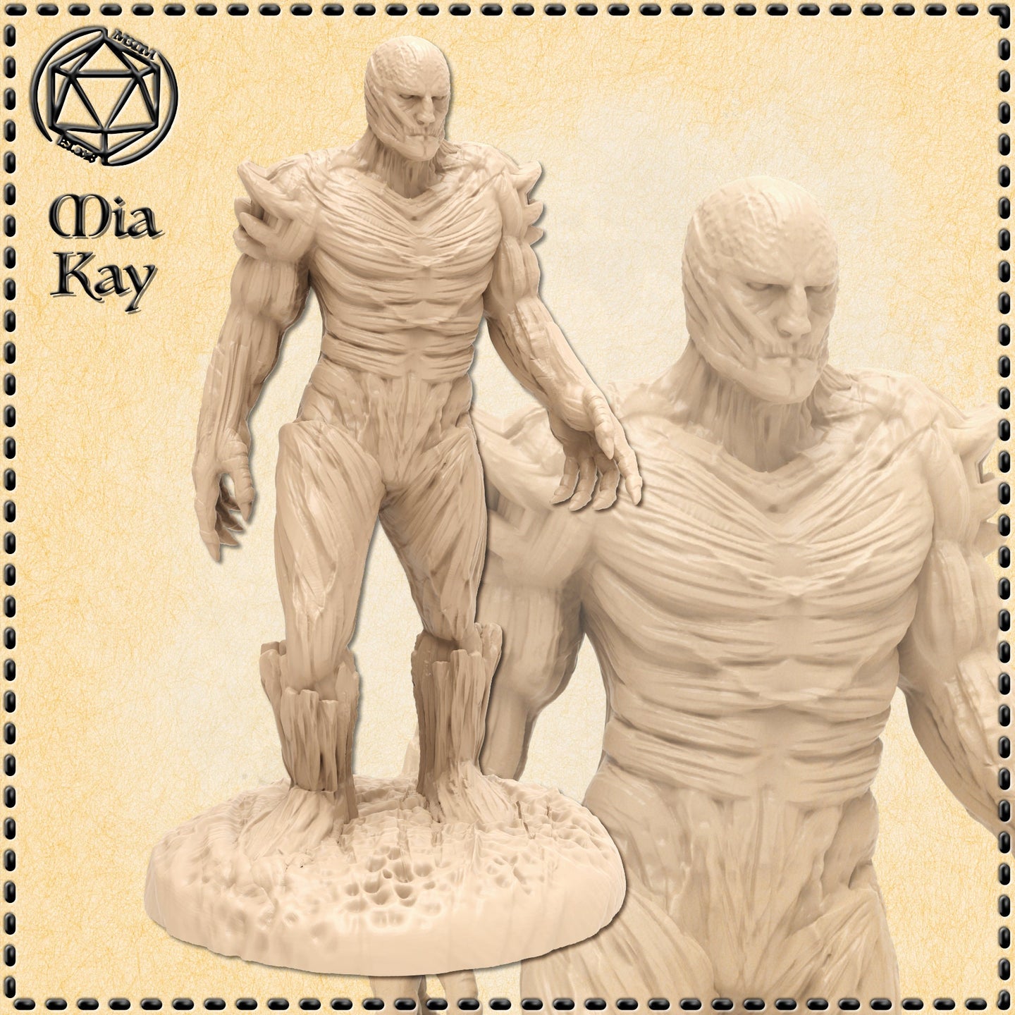 Unpainted beige resin miniature of a heavily muscled, sinew-wrapped humanoid swamp creature standing upright on a pitted ground base, with a close-up inset showing detailed facial and chest musculature — sculpted by Mia Kay M3DM at 32mm scale