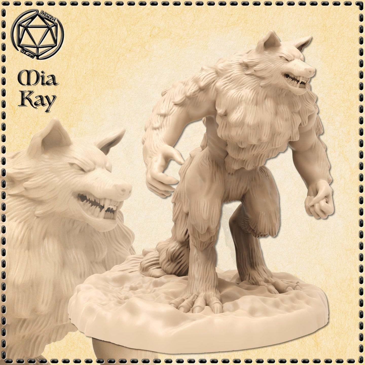 Unpainted cream resin werewolf miniature by Mia Kay M3DM — a bipedal lycanthrope sculpt standing upright with claws outstretched and jaws open in a snarl, with dense fur texture across the torso and limbs, mounted on a sculpted rocky base at 32mm scale. A close-up of the wolf head is visible in the background left.