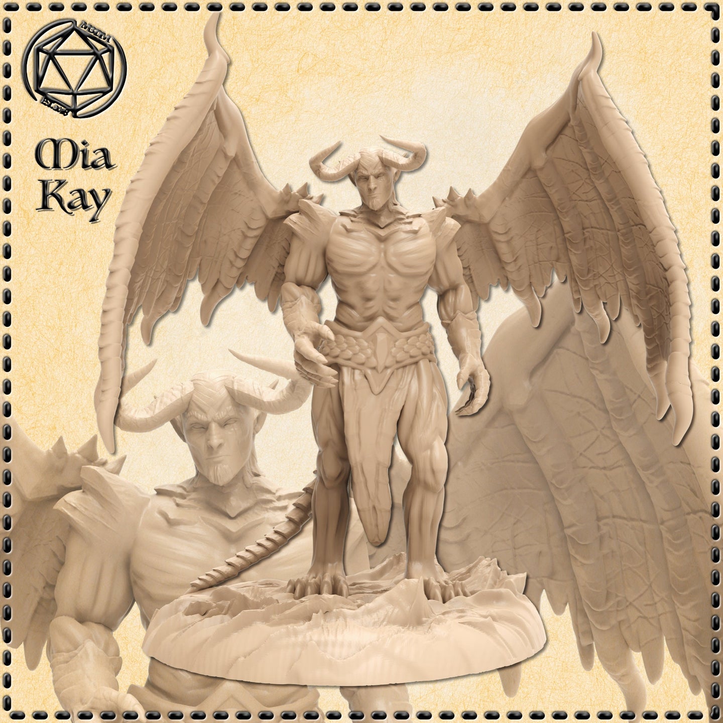 Unpainted resin miniature of a winged demon sculpted by Mia Kay M3DM — a tall, muscular horned male figure with large feathered wings spread wide, scaled armour at the waist, open clawed hands, and a cold focused expression, standing on a rocky terrain base. Close-up inset shows facial detail including curved bull-like horns and a barbed tail. Printed at 32mm scale.