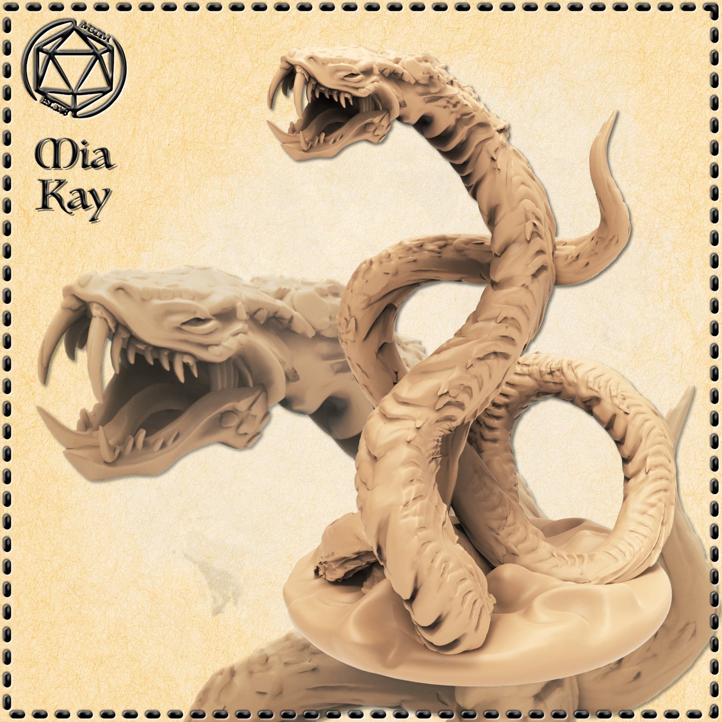 Digital render of the Jormungandr miniature by Mia Kay M3DM showing two serpent heads — one living with open fanged jaws and one skeletal — rising from a tightly coiled scaled body on a rocky base, unpainted in warm beige resin tone, 32mm scale tabletop miniature