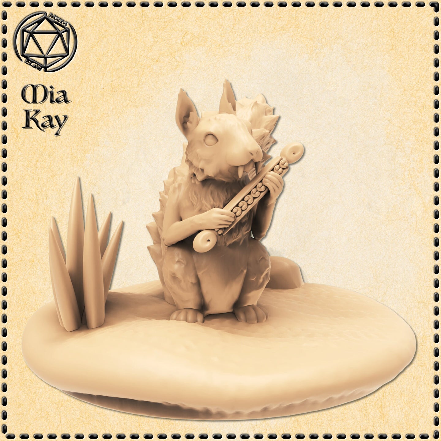 Digital render of the Ratataskr miniature by Mia Kay M3DM — an unpainted resin-style sculpt of a squat spiny squirrel creature seated upright on a textured earth base with reed clumps, cradling a detailed lute in its small humanoid hands, shown in warm beige tones at 32mm scale