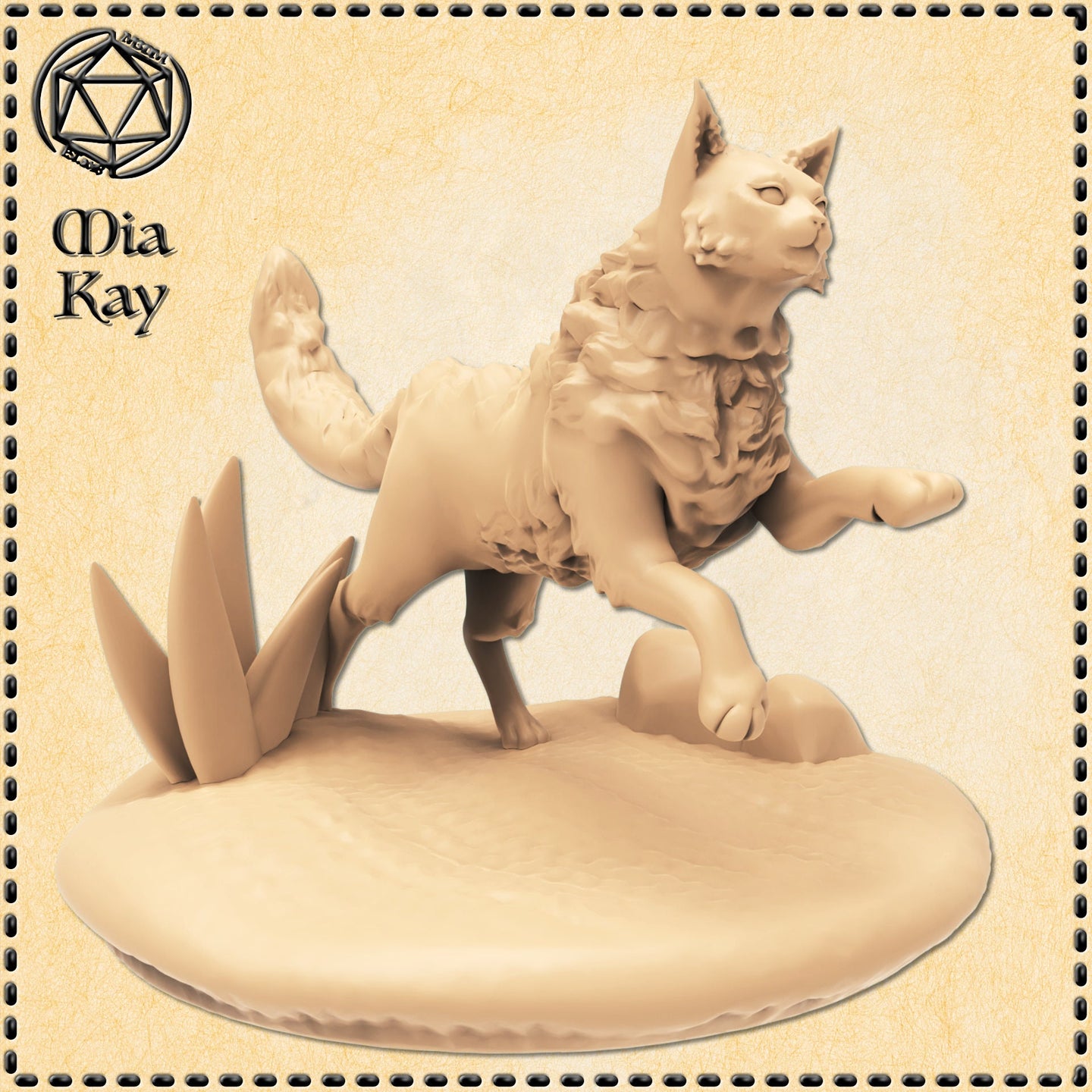 Digital render of the Trejul miniature by Mia Kay M3DM — an unpainted feline beast in a dynamic mid-lunge pose, forepaw raised and mane ruffled, on a scenic base with jagged stone shards, 32mm scale