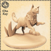 Digital render of the Trejul miniature by Mia Kay M3DM — an unpainted feline beast in a dynamic mid-lunge pose, forepaw raised and mane ruffled, on a scenic base with jagged stone shards, 32mm scale