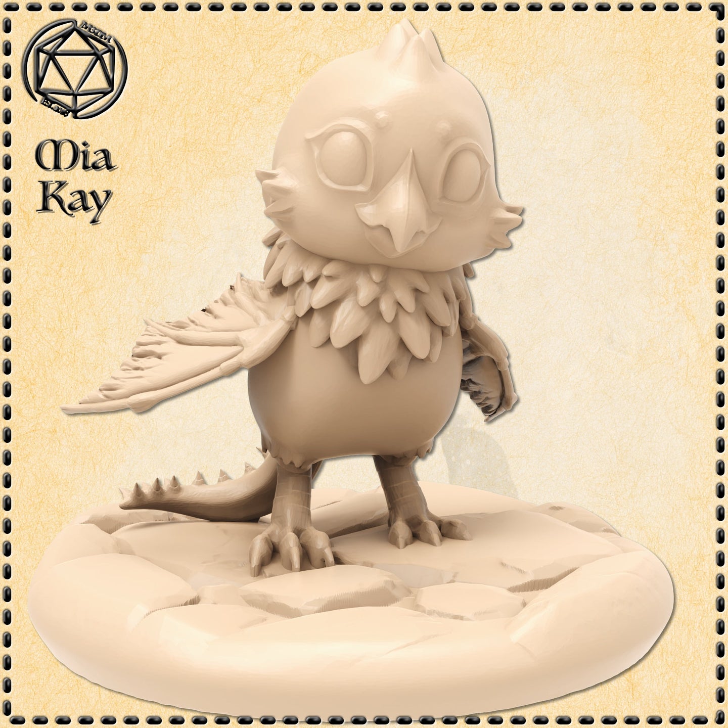 Unpainted resin miniature of a chibi baby cockatrice — round feathered body, owl-like skull face with wide blank eyes, layered chest feathers, one wing half-spread, scaled tail with small dorsal spines, standing on a sculpted rocky base. Digital render in a warm sandy tone by Mia Kay M3DM.