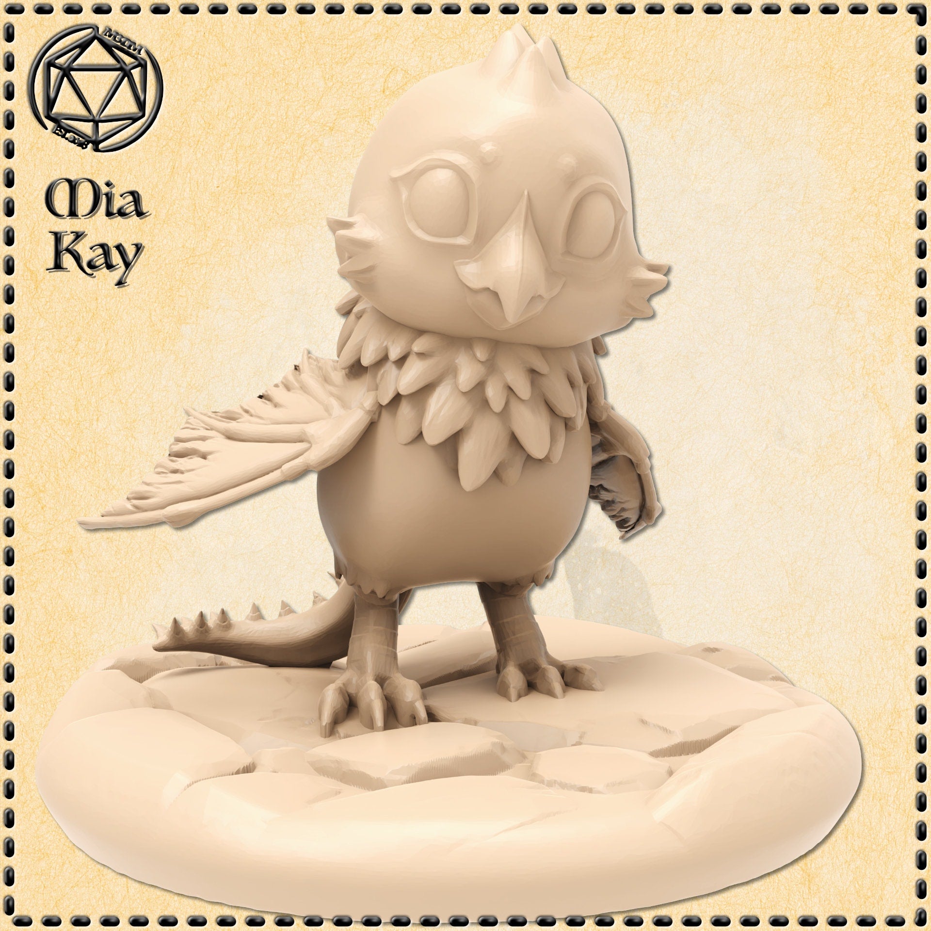 Unpainted resin miniature of a chibi baby cockatrice — round feathered body, owl-like skull face with wide blank eyes, layered chest feathers, one wing half-spread, scaled tail with small dorsal spines, standing on a sculpted rocky base. Digital render in a warm sandy tone by Mia Kay M3DM.