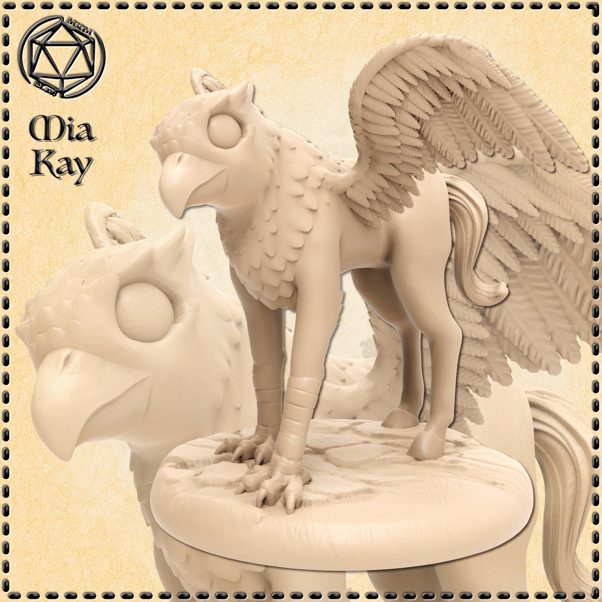 Unpainted cream resin baby hippogriff miniature shown from two angles — front view and three-quarter rear view. The sculpt features an eagle head with large round eyes and a hooked beak, layered feathered wings spread slightly, scaled breast feathers, smooth equine hindquarters with a flowing tail, and taloned forelegs gripping a detailed rocky base. Printed at 32mm scale by Mitz and Simz.